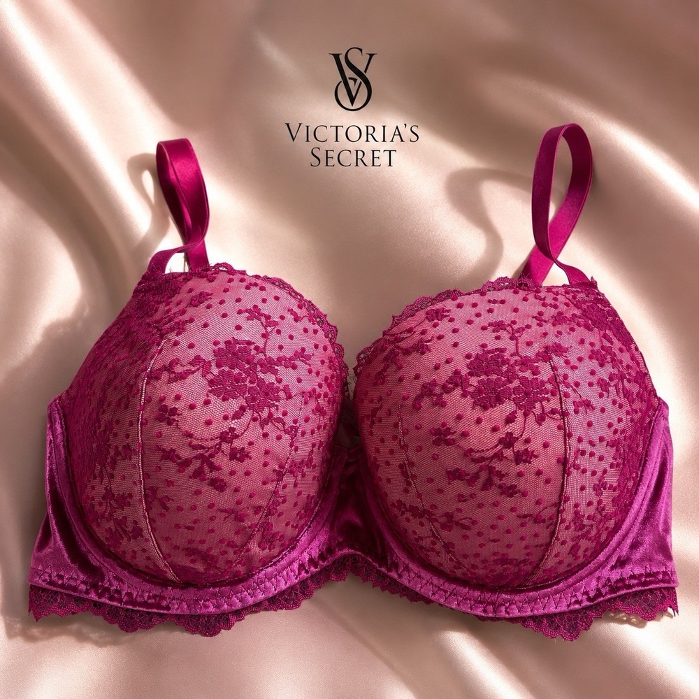 Victoria's Secret Dream Angels Bra 34DDD Raspberry Pink Lace Lined Demi Push Up